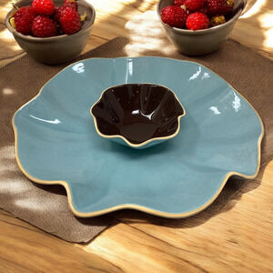 Southern Living at Home Catalina Chip & Dip Bowl Set Wavy Blue & Brown Portugal
